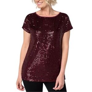 BELLE BY KIM GRAVEL SEQUINED JINGLE BELLS WINE TOP SZ XXS